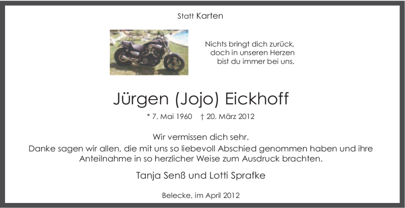  Traueranzeige für Jürgen Eickhoff vom 21.04.2012 aus Tageszeitung