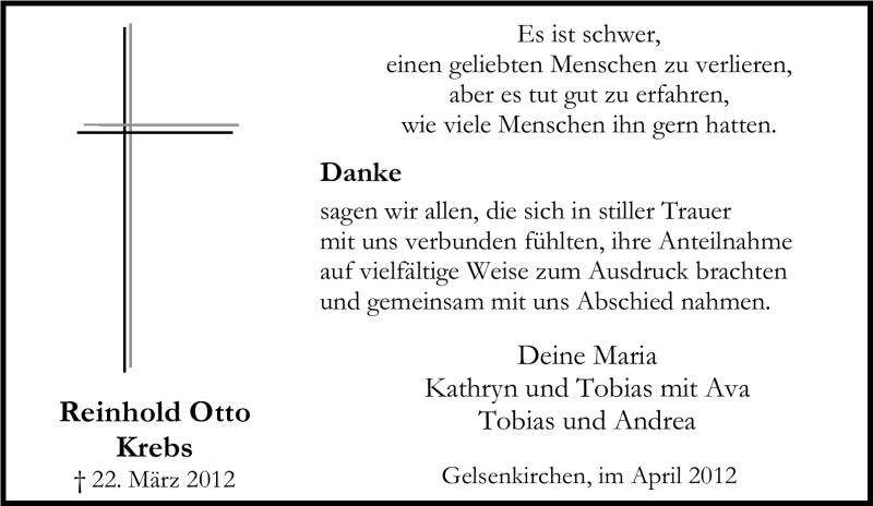  Traueranzeige für Reinhold Otto Krebs vom 28.04.2012 aus Tageszeitung