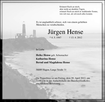 Traueranzeige von Jürgen Hense von Tageszeitung