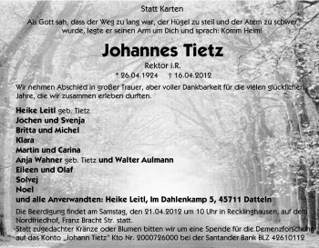Traueranzeige von Johannes Tietz von Tageszeitung