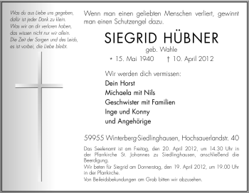 Traueranzeige von Siegrid Hübner von Tageszeitung