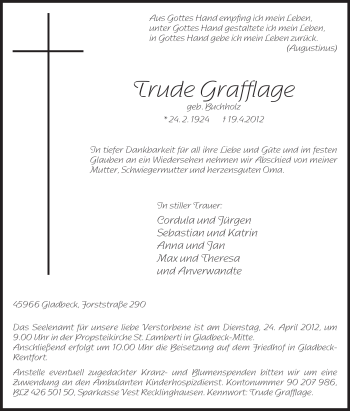 Traueranzeige von Trude Grafïage von Tageszeitung