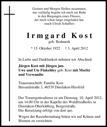 Traueranzeige von Irmgard Kost von Tageszeitung