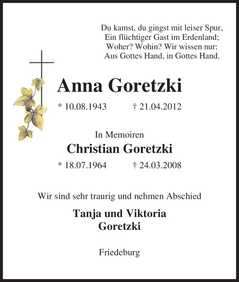  Traueranzeige für Anna Goretzki vom 25.04.2012 aus Tageszeitung