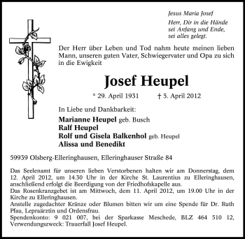 Traueranzeige von Josef Heupel von Tageszeitung