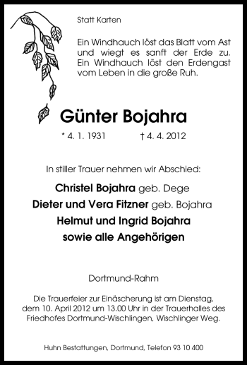 Traueranzeige von Günter Bojahra von Tageszeitung