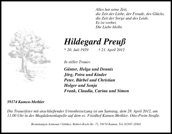 Traueranzeige von Hildegard Preuß von Tageszeitung