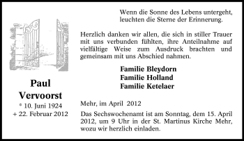 Traueranzeige von Paul Vervoorst von Tageszeitung