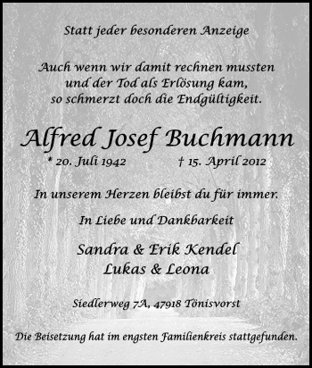Traueranzeige von Alfred Josef Buchmann von Tageszeitung