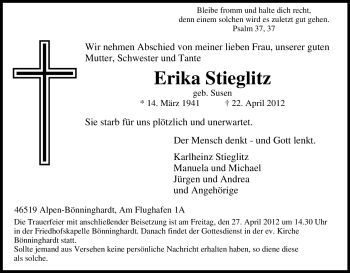 Traueranzeige von Erika Stieglitz von Tageszeitung
