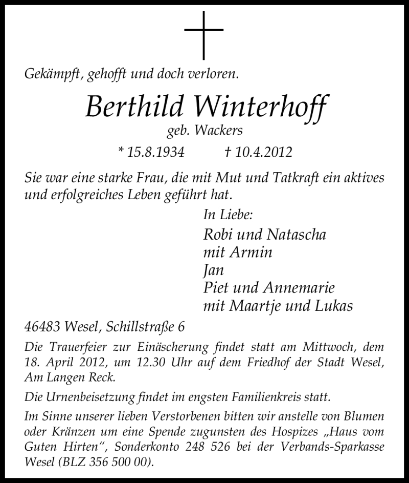  Traueranzeige für Berthild Winterhoff vom 14.04.2012 aus Tageszeitung