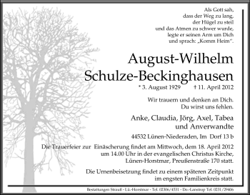 Traueranzeige von August-Wilhelm Schulze-Beckinghausen von Tageszeitung