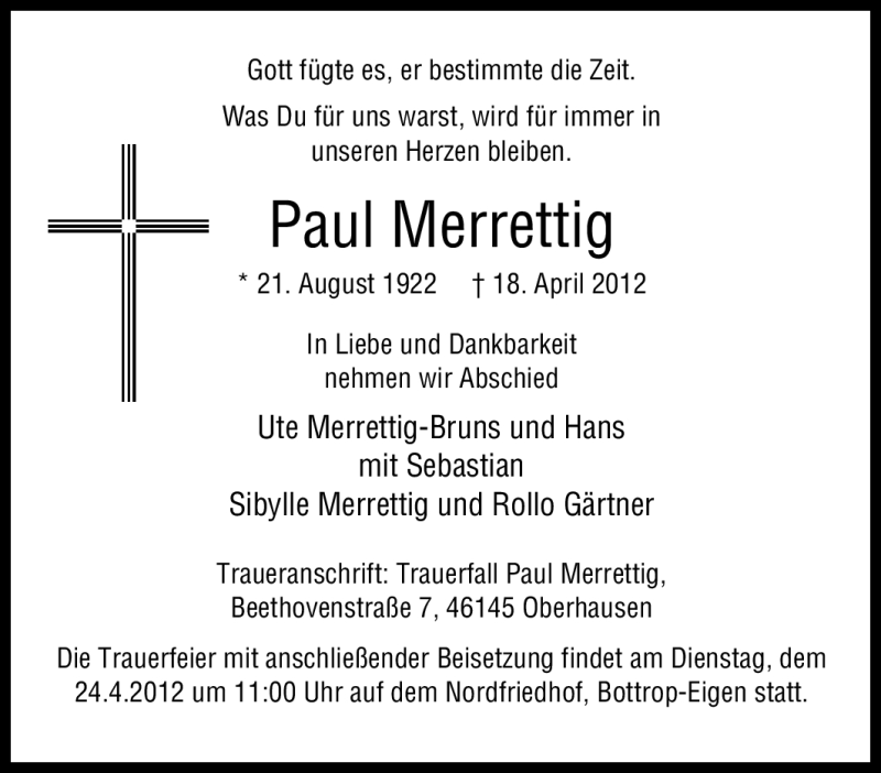  Traueranzeige für Paul Merrettig vom 20.04.2012 aus Tageszeitung