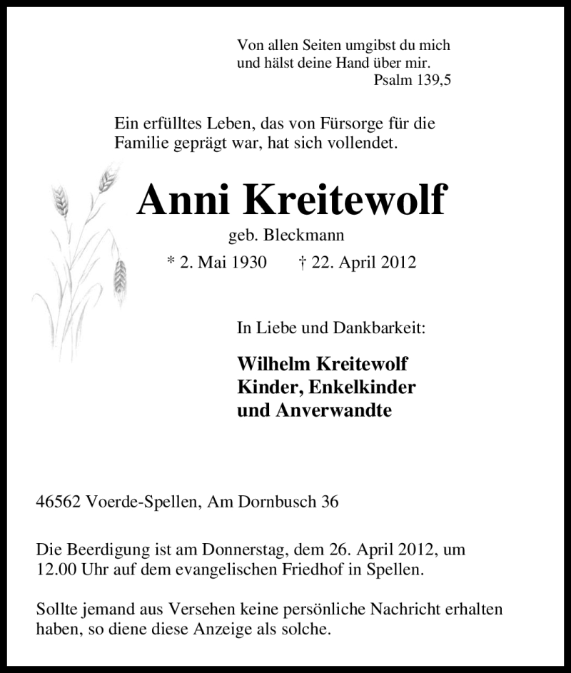  Traueranzeige für Anni Kreitewolf vom 24.04.2012 aus Tageszeitung