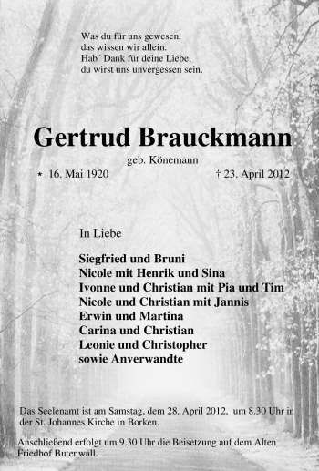 Traueranzeige von Gertrud Brauckmann von Tageszeitung