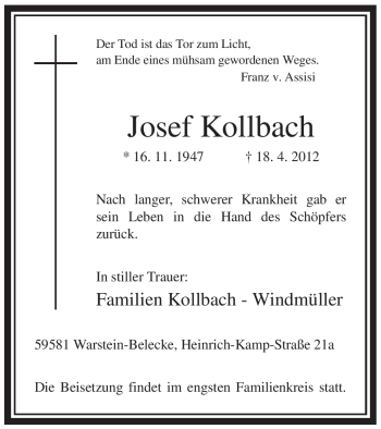 Traueranzeige von Josef Kollbach von Tageszeitung
