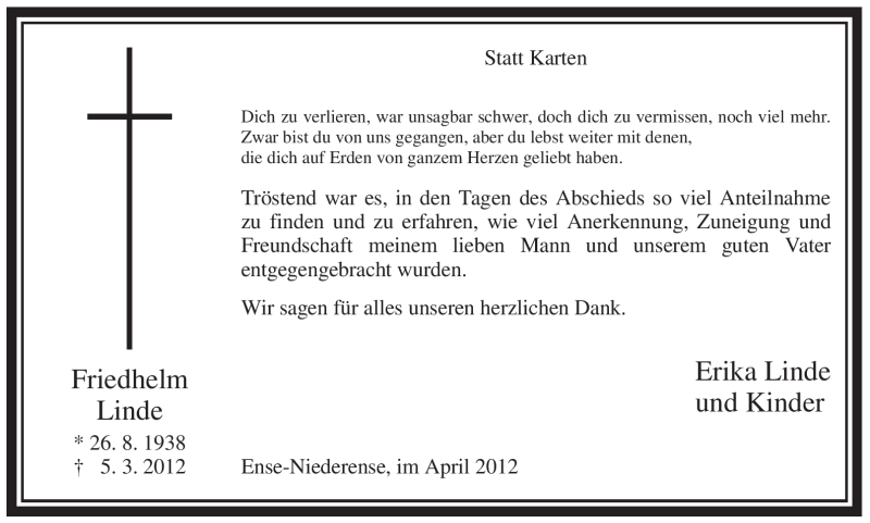  Traueranzeige für Friedhelm Linde vom 14.04.2012 aus Tageszeitung