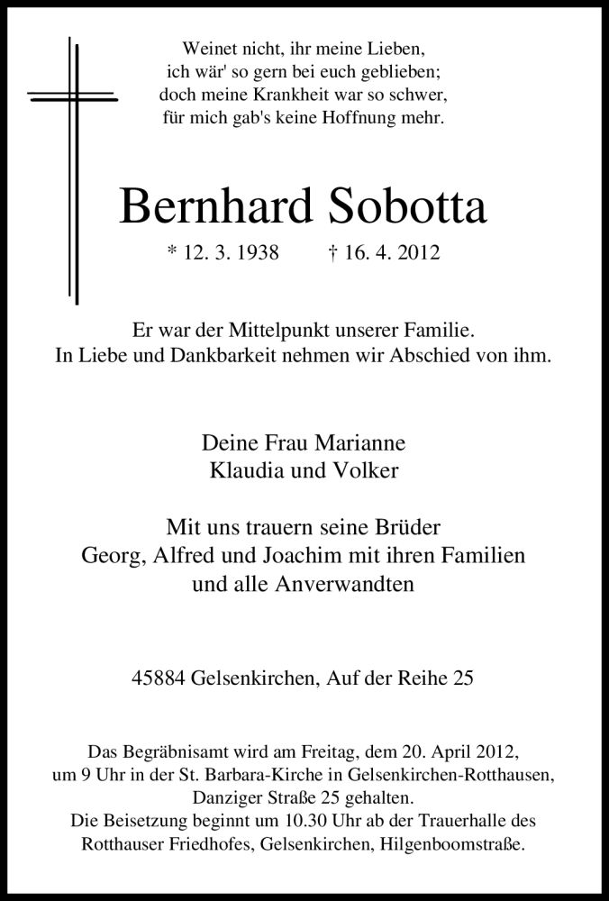  Traueranzeige für Bernhard Sobotta vom 18.04.2012 aus Tageszeitung