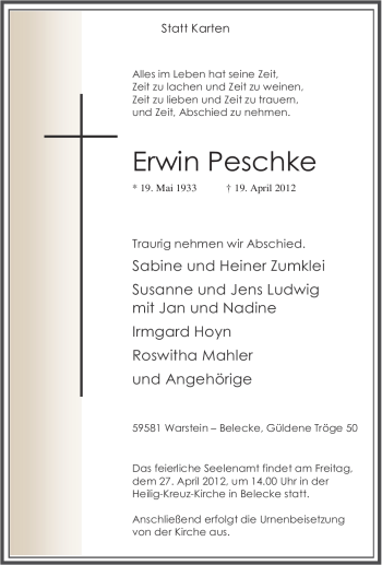 Traueranzeige von Erwin Peschke von Tageszeitung