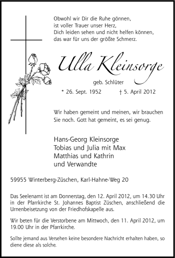 Traueranzeige von Ulla Kleinsorge von Tageszeitung