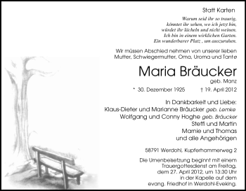 Traueranzeige von Maria Bräucker von Tageszeitung