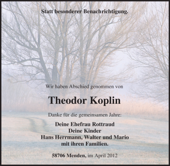Traueranzeige von Theodor Koplin von Tageszeitung