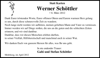 Traueranzeige von Werner Schöttler von Tageszeitung