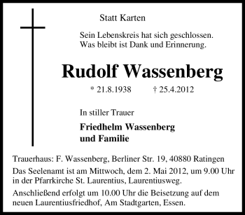 Traueranzeige von Rudolf Wassenberg von Tageszeitung