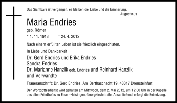 Traueranzeige von Maria Endries von Tageszeitung
