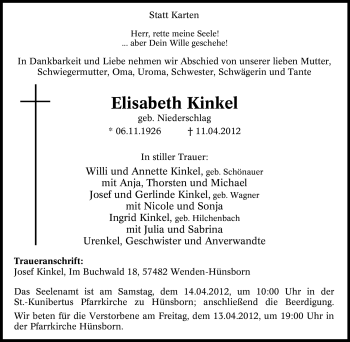 Traueranzeige von Elisabeth Kinkel von Tageszeitung