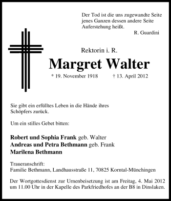 Traueranzeige von Margret Walter von Tageszeitung