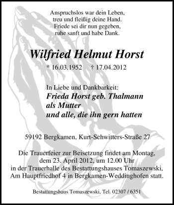Traueranzeige von Wilfried Helmut Horst von Tageszeitung