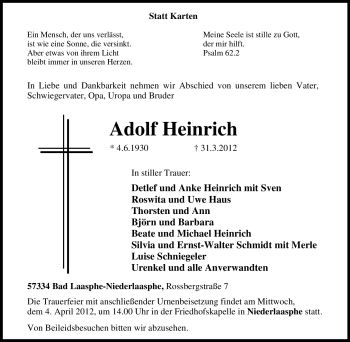 Traueranzeige von Adolf Heinrich von Tageszeitung
