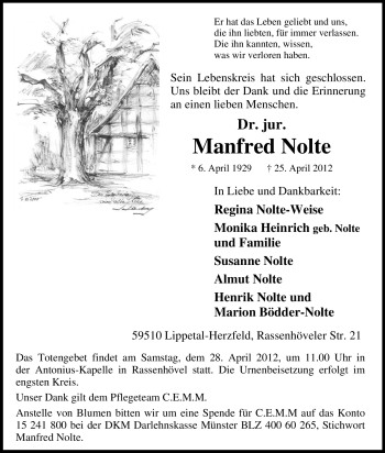 Traueranzeige von Manfred Nolte von Tageszeitung