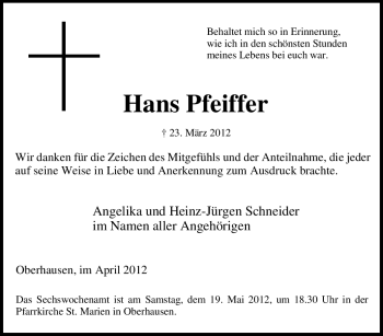 Traueranzeige von Hans Pfeiffer von Tageszeitung