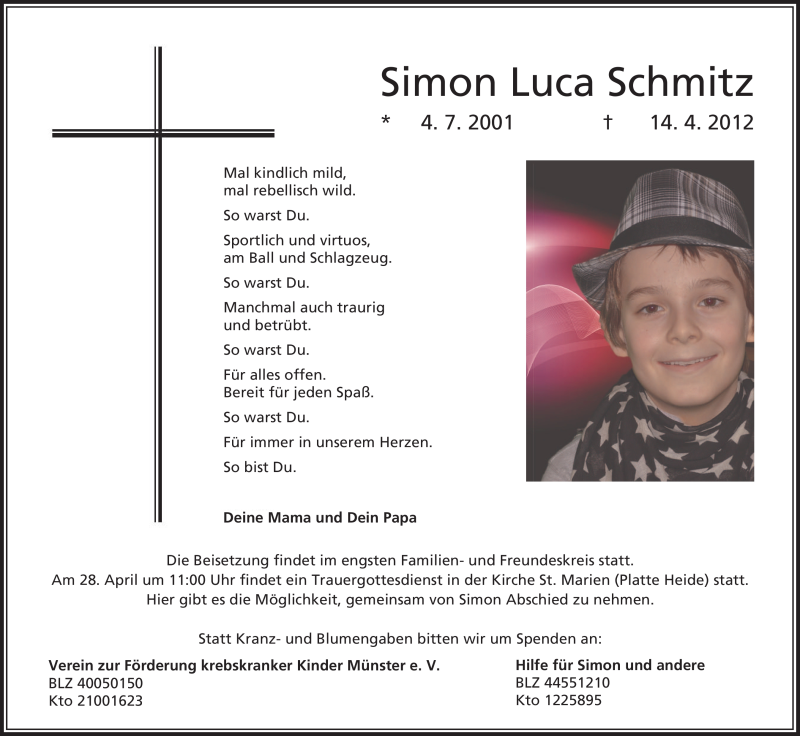  Traueranzeige für Simon Luca Schmitz vom 18.04.2012 aus Tageszeitung