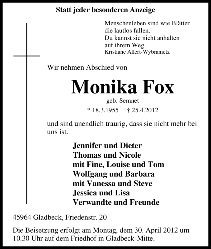 Traueranzeigen Von Monika Fox Trauer In Nrwde 