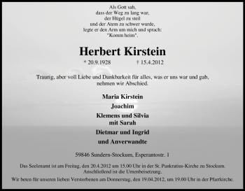 Traueranzeige von Herbert Kirstein von Tageszeitung