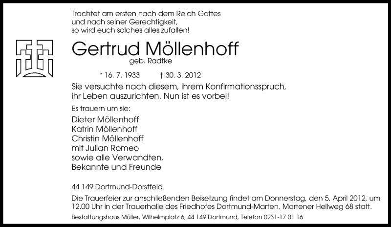  Traueranzeige für Gertrud Möllenhoff vom 02.04.2012 aus Tageszeitung