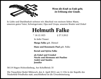 Traueranzeige von Helmuth Falke von Tageszeitung