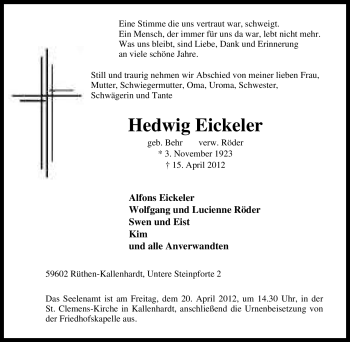 Traueranzeige von Hedwig Eickeler von Tageszeitung
