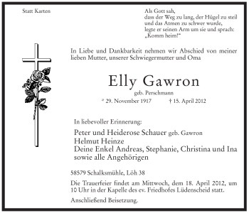 Traueranzeige von Elly Gawron von Tageszeitung