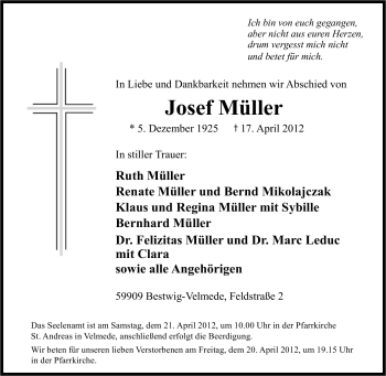 Traueranzeige von Josef Müller von Tageszeitung