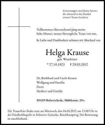 Traueranzeige von Helga Krause von Tageszeitung