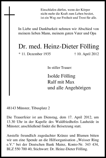 Traueranzeige von Heinz-Dieter Fölling von Tageszeitung
