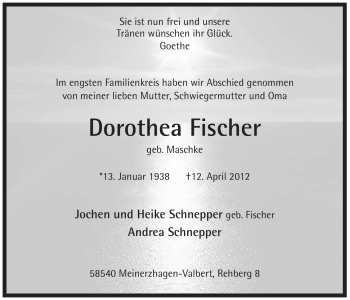 Traueranzeige von Dorothea Fischer von Tageszeitung