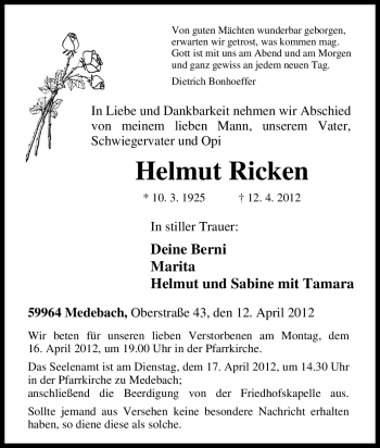 Traueranzeige von Helmut Ricken von Tageszeitung