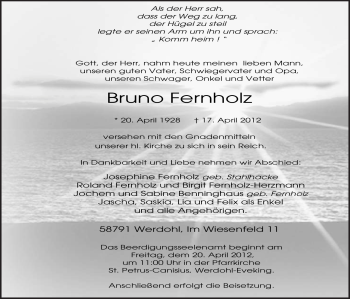 Traueranzeige von Bruno Fernholz von Tageszeitung