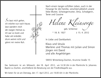 Traueranzeige von Helene Kleinsorge von Tageszeitung