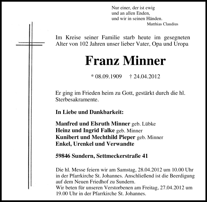  Traueranzeige für Franz Minner vom 26.04.2012 aus Tageszeitung